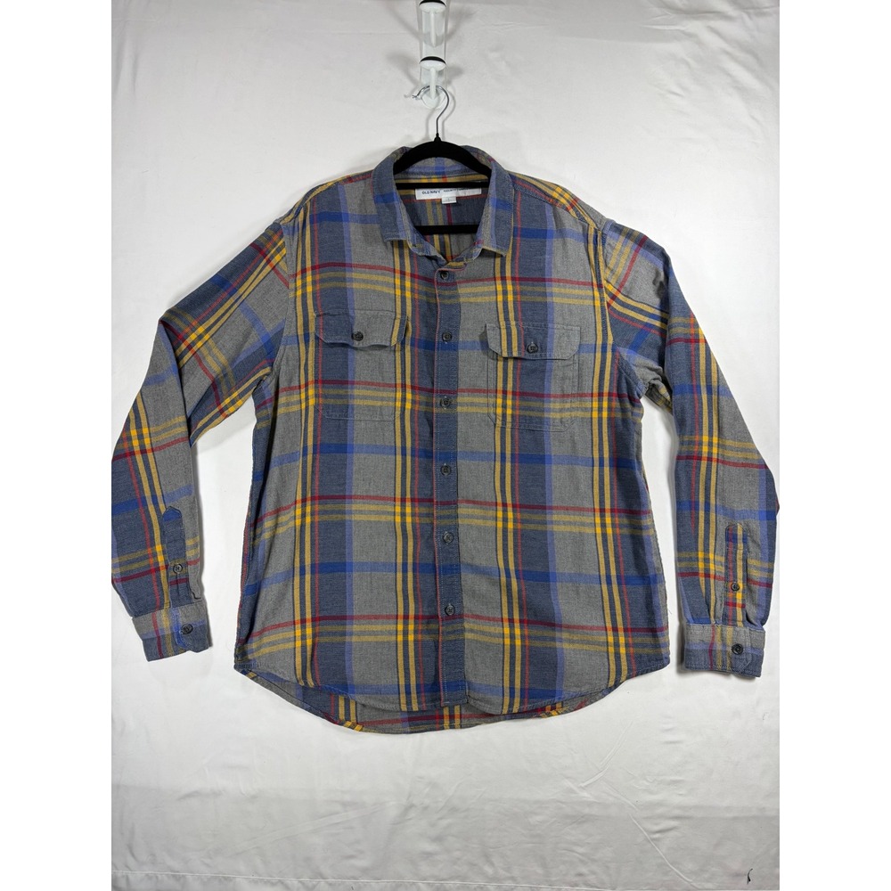 Old Navy Flannel Shirt Men Large Grey Blue Yellow Plaid Regular Fit Casual